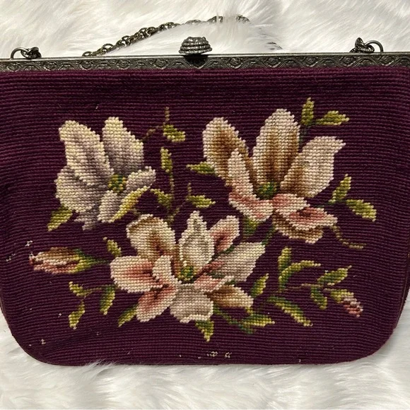 1950’s Style Vintage Needlepoint Floral Embroidered Burgundy Handbag - Picture 7 of 12
